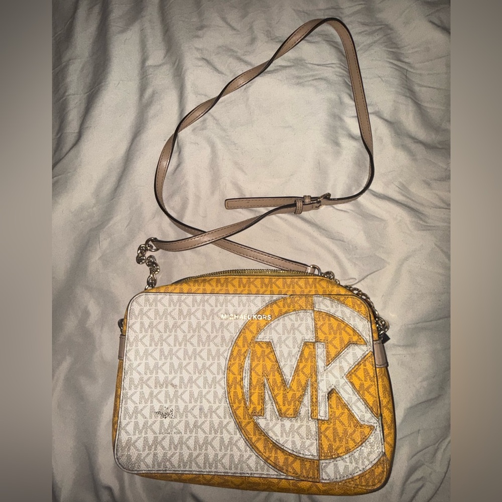 Well-loved Michael Kors White and Yellow Logo Crossbody Bag